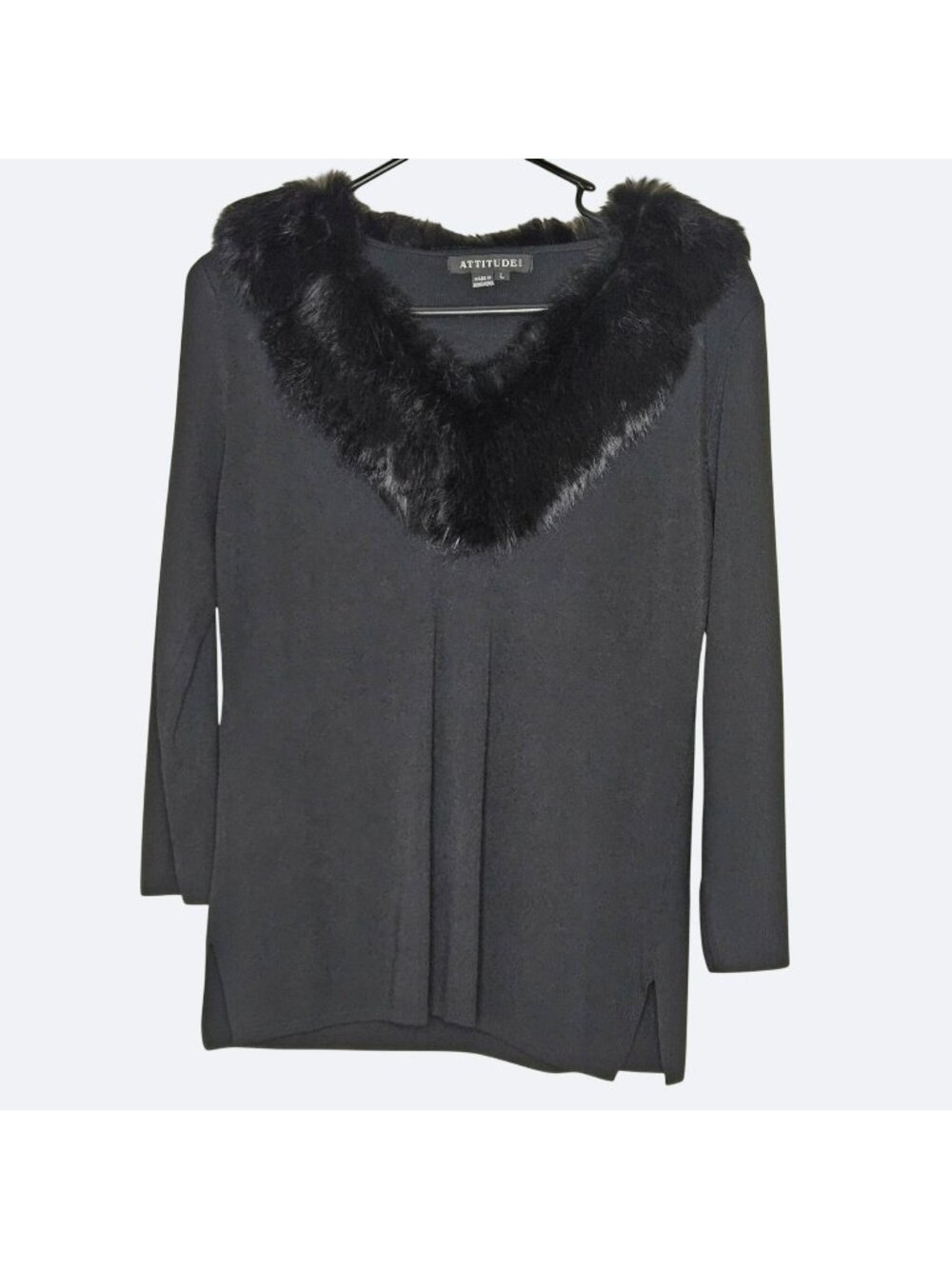 Attitude Black Knit Longline Sweater Plush Faux Fur Collar Size L Hong Kong